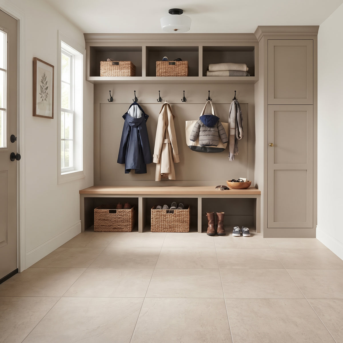 A modern mudroom entryway with a built-in bench, open shelving, coat hooks with hanging coats, woven baskets, and a tall cabinet, shown in a clean, staged interior.