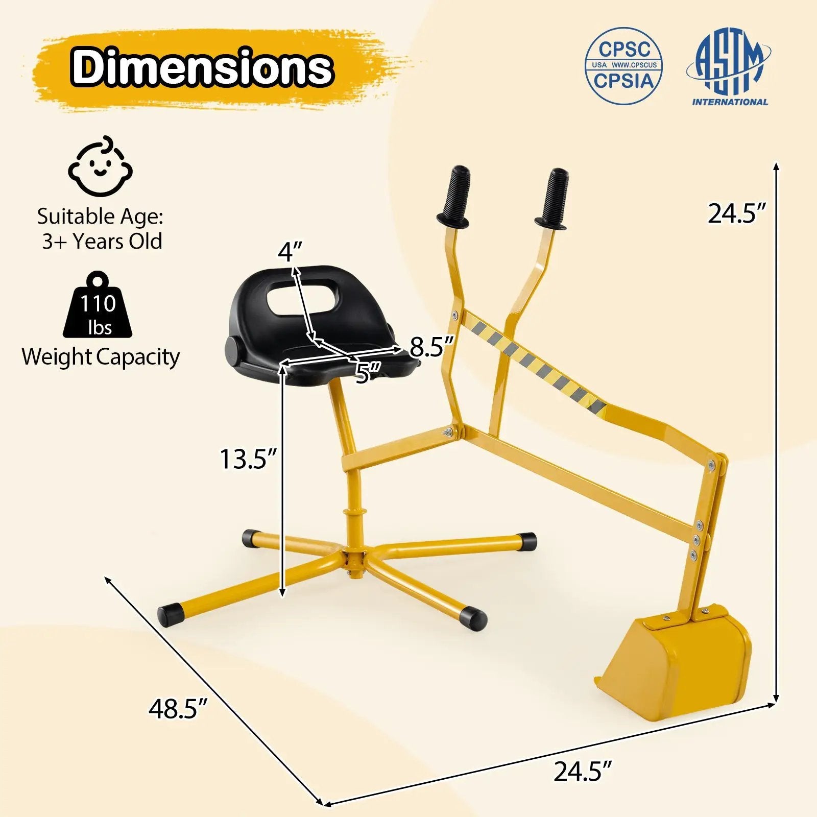 Sand Digger with 2-Handed Controls and Flexible Shovel for 3+ Years Old Kids-Yellow by DirectDeals