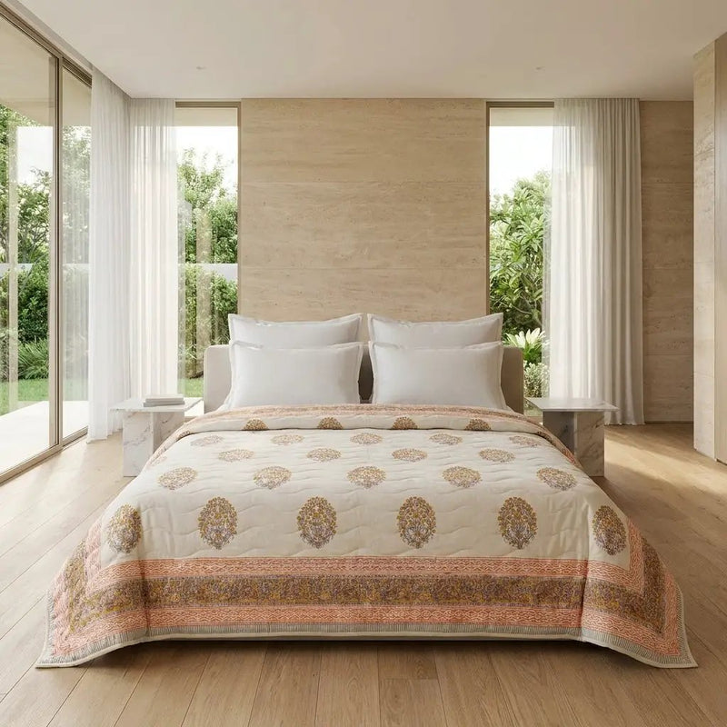 House of Avana Cream & Sage Green Rose Pink Floral Jaipur Indian Hand Block Print Quilted Comforter by House Of Avana