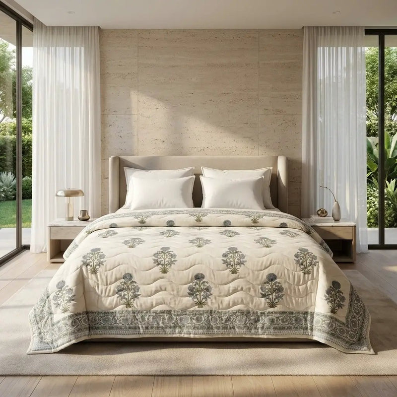 House of Avana Cream & Dusty Blue Floral Jaipur Indian Hand Block Print Quilted Comforter by House Of Avana