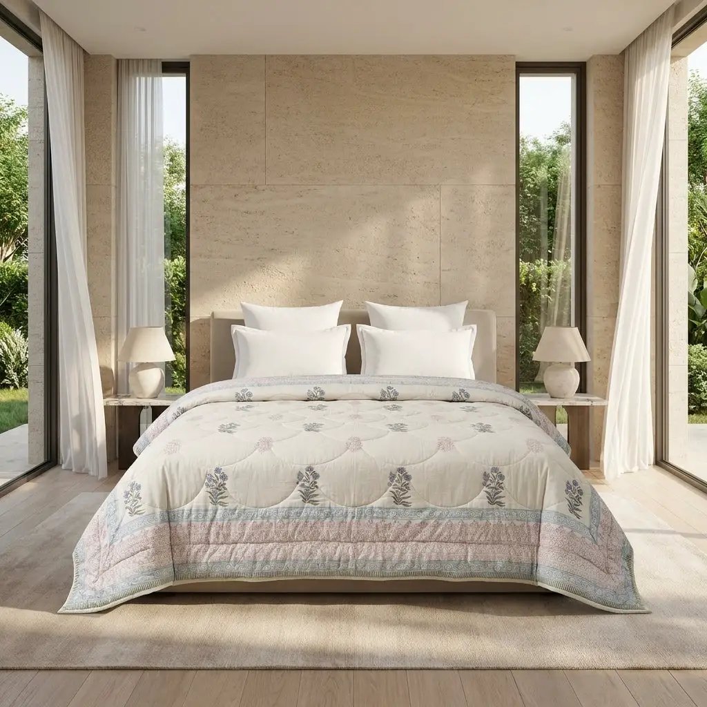 House of Avana Cream & Burgundy Slate Floral Jaipur Indian Hand Block Print Quilted Comforter by House Of Avana