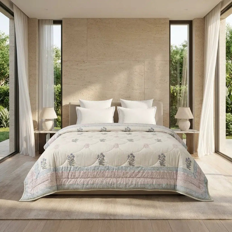 House of Avana Cream & Burgundy Slate Floral Jaipur Indian Hand Block Print Quilted Comforter by House Of Avana