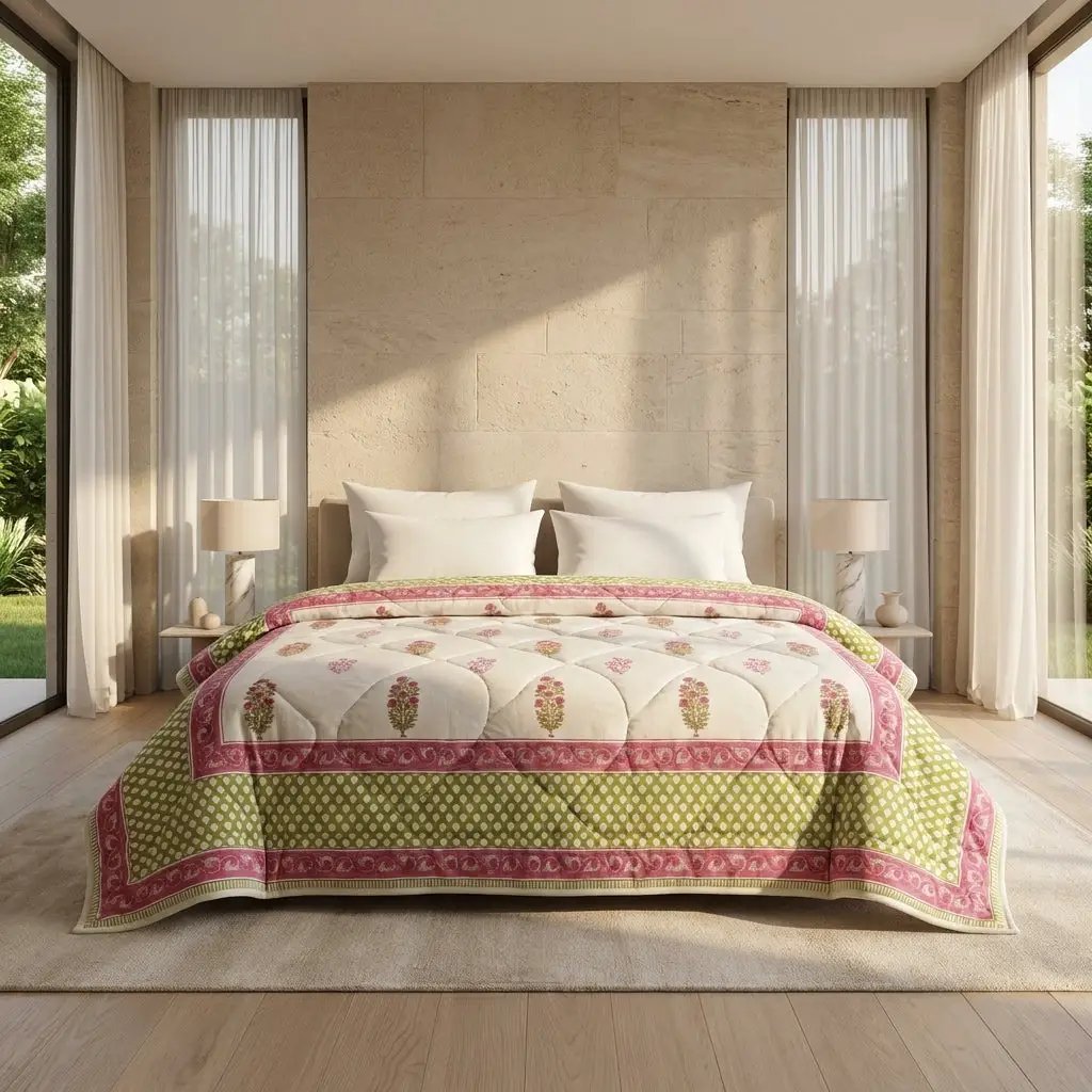 House of Avana Cream & Deep Rose Floral Jaipur Indian Hand Block Print Quilted Comforter by House Of Avana