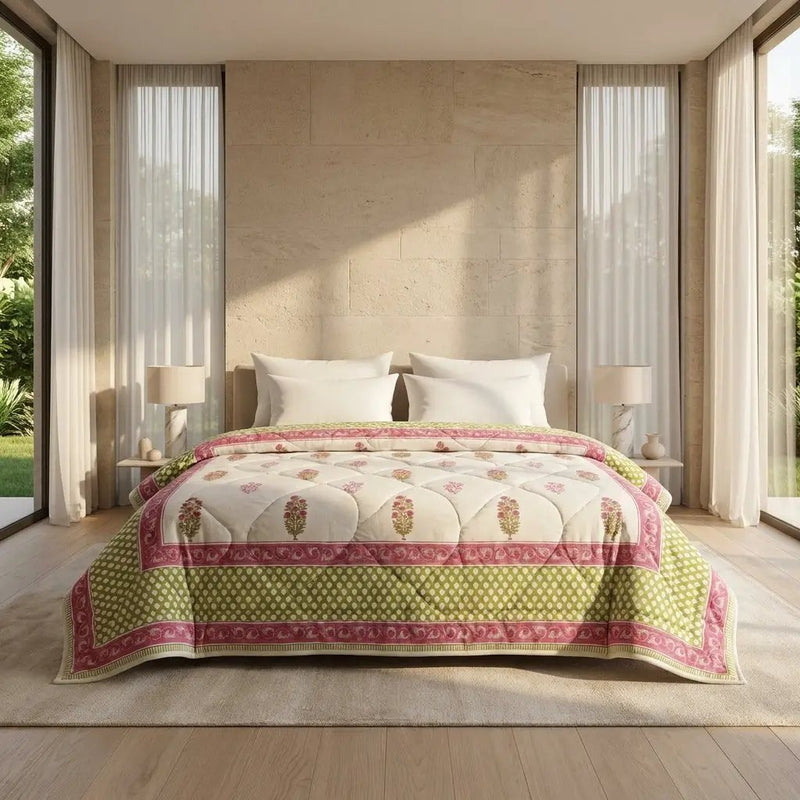 House of Avana Cream & Deep Rose Floral Jaipur Indian Hand Block Print Quilted Comforter by House Of Avana