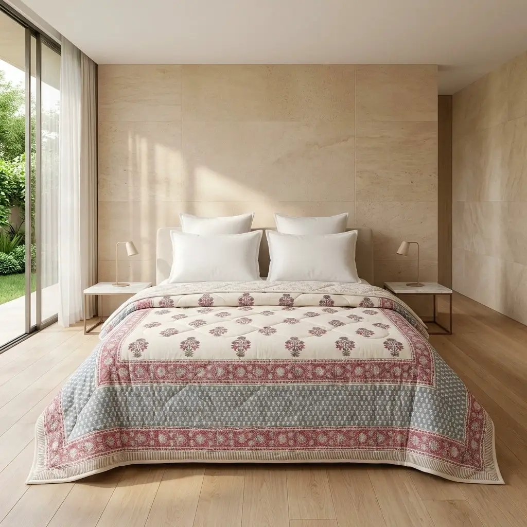 House of Avana Cream & Charcoal Taupe Floral Jaipur Indian Hand Block Print Quilted Comforter by House Of Avana