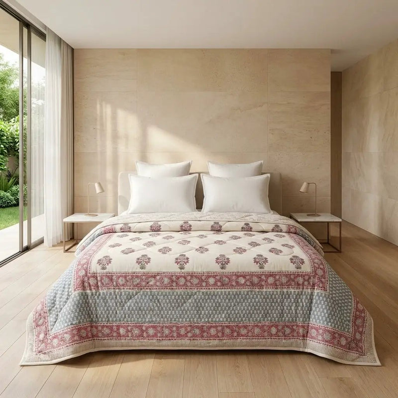 House of Avana Cream & Charcoal Taupe Floral Jaipur Indian Hand Block Print Quilted Comforter by House Of Avana