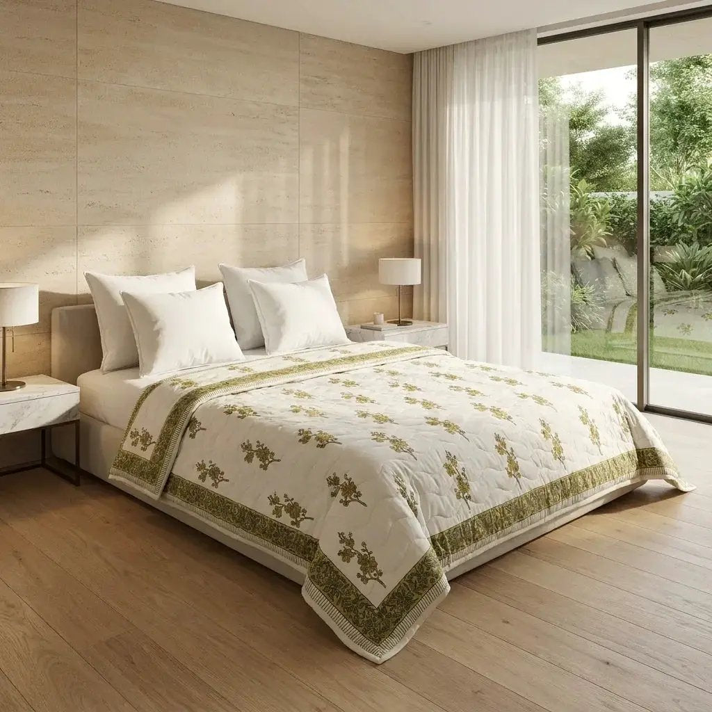 House of Avana Cream & Mustard Yellow Olive Floral Jaipur Indian Hand Block Print Quilted Comforter by House Of Avana