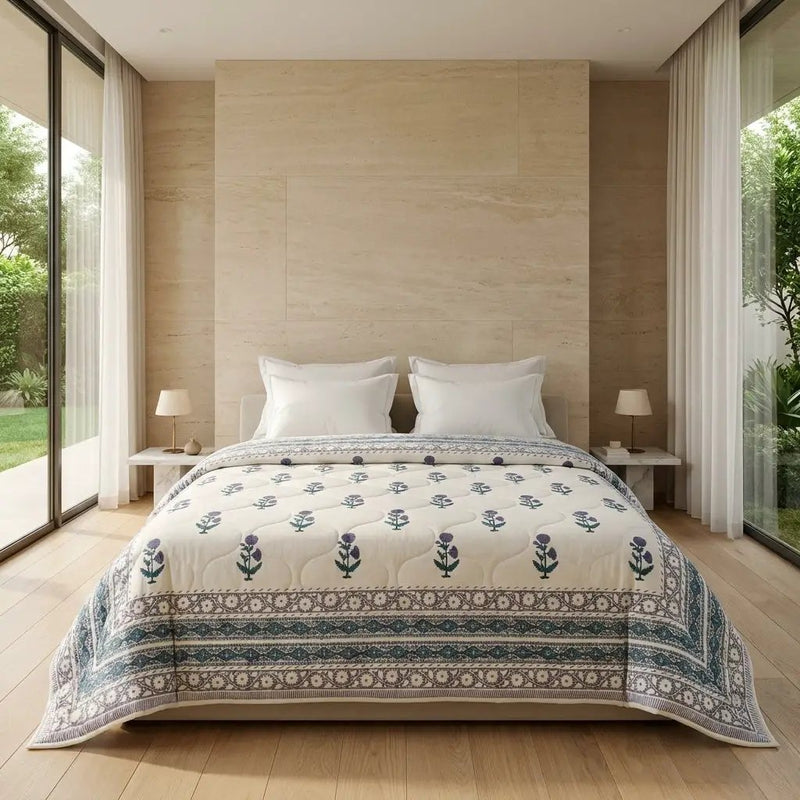 House of Avana Cream & Indigo Blue Floral Jaipur Indian Hand Block Print Quilted Comforter by House Of Avana