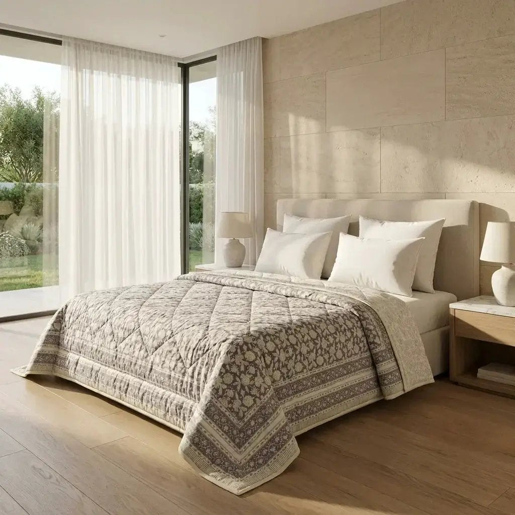 House of Avana Cream & Taupe Floral Jaipur Indian Hand Block Print Quilted Comforter by House Of Avana