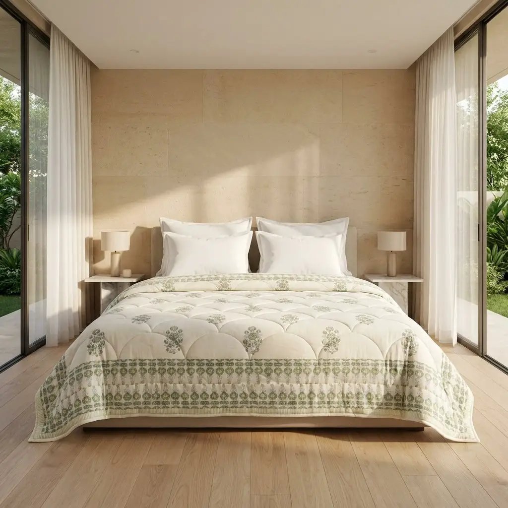 House of Avana Sage Green & Cream Mauve Floral Jaipur Indian Hand Block Print Quilted Comforter by House Of Avana