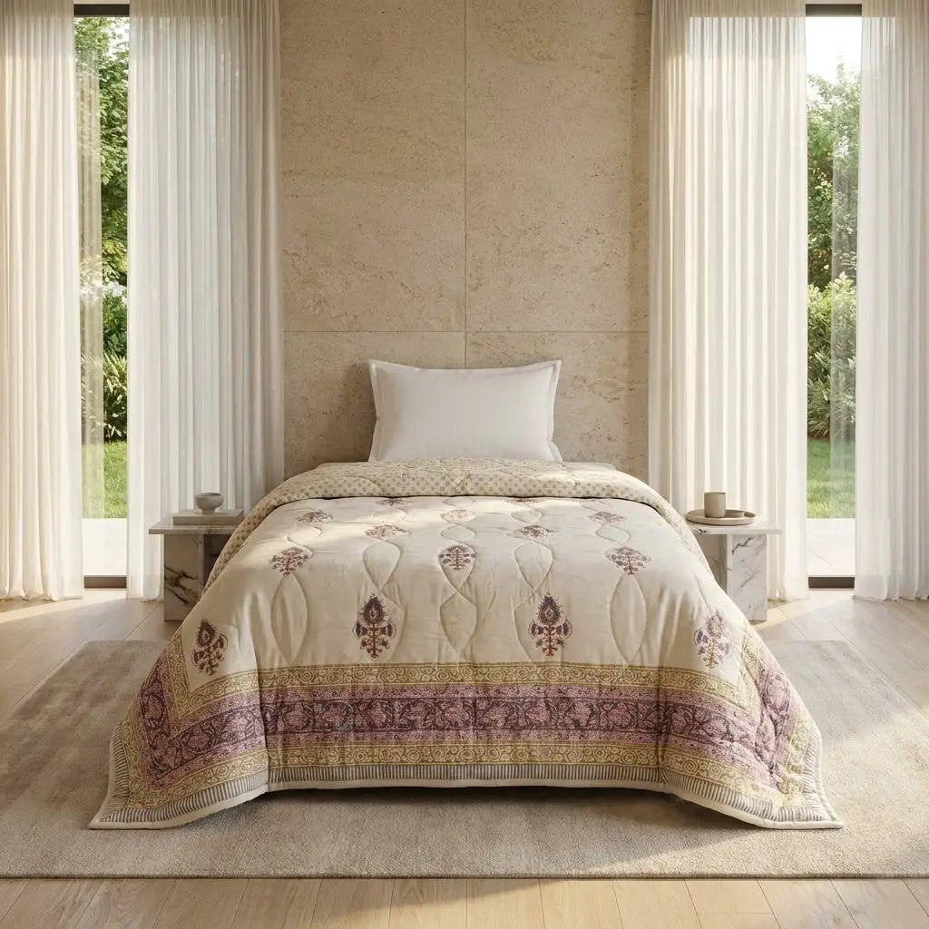 Sanganer Print Single Bed Quilt with Purple Floral Motifs by House Of Avana