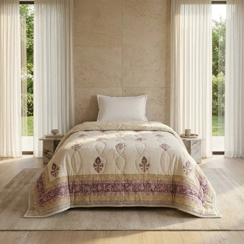Sanganer Print Single Bed Quilt with Purple Floral Motifs by House Of Avana