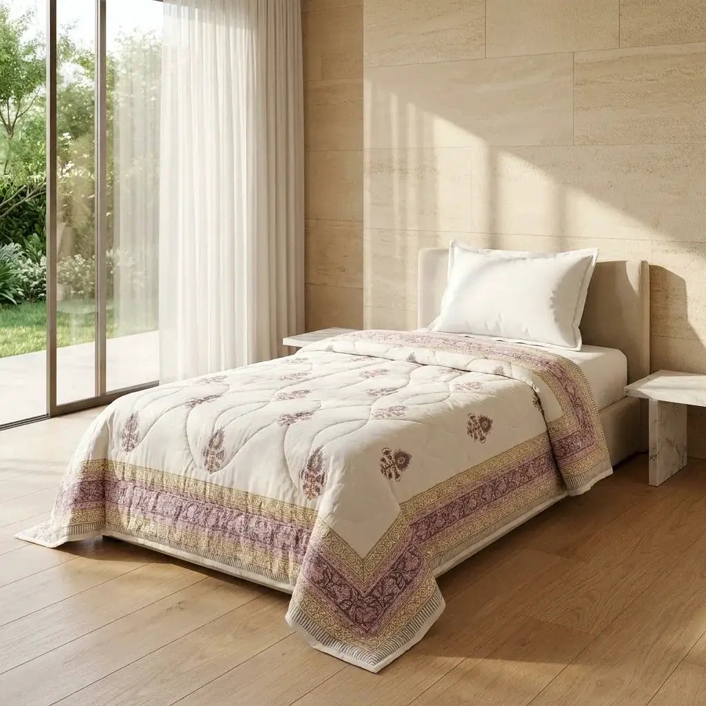 Sanganer Print Single Bed Quilt with Purple Floral Motifs by House Of Avana