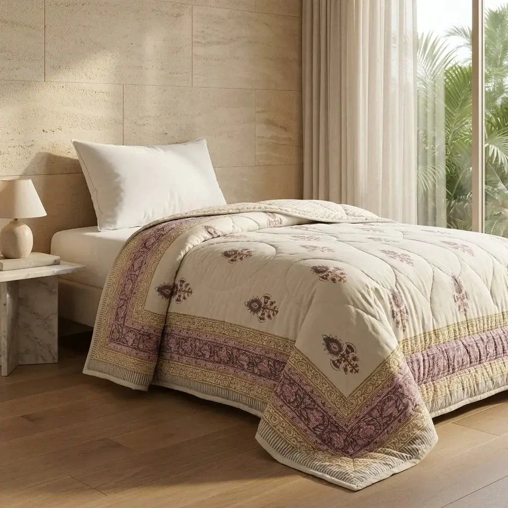 Sanganer Print Single Bed Quilt with Purple Floral Motifs by House Of Avana