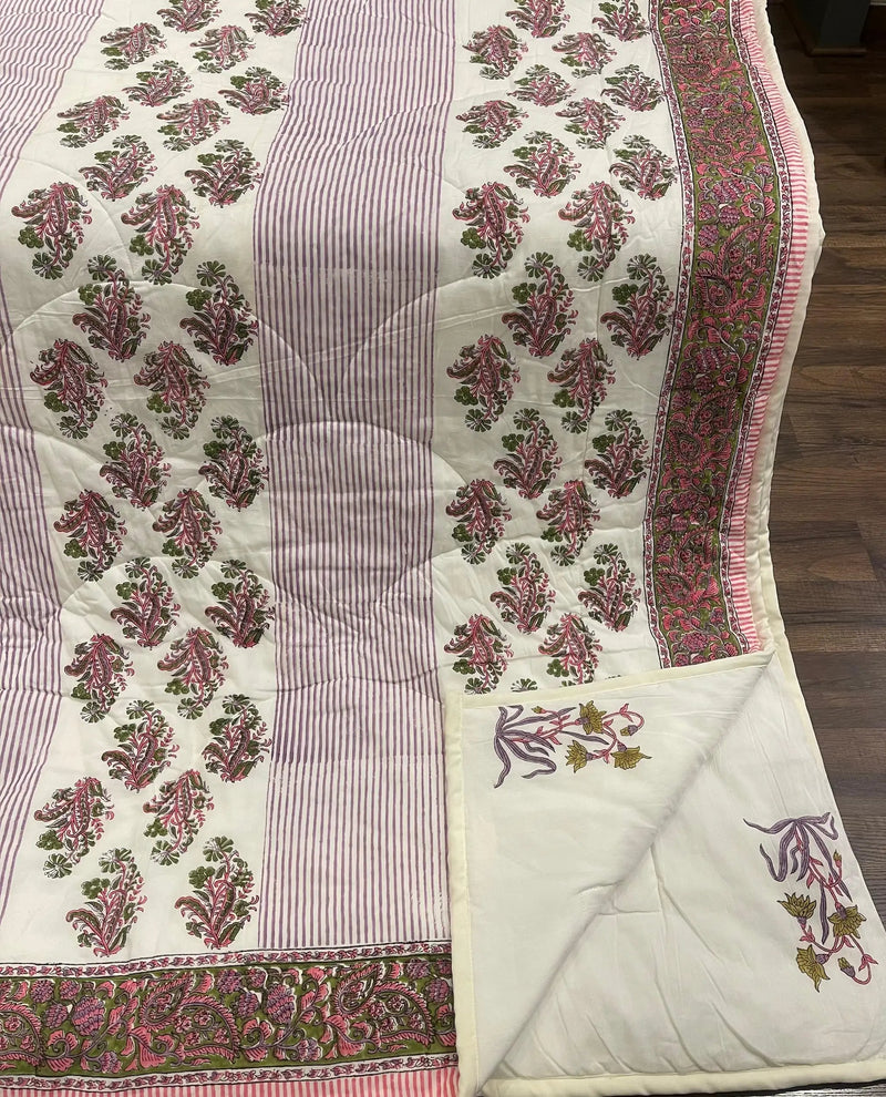 House of Avana Cream & Deep Pink Floral Jaipur Indian Hand Block Print Quilted Comforter by House Of Avana