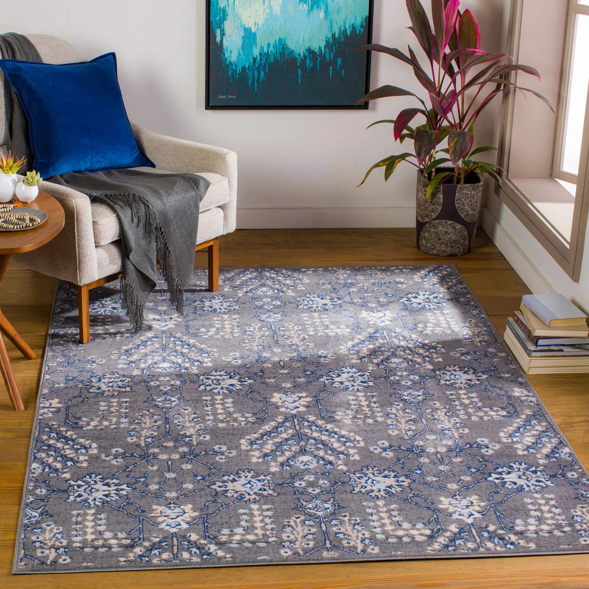 Sapinero Gray Floral Rug - Clearance, installed in a room