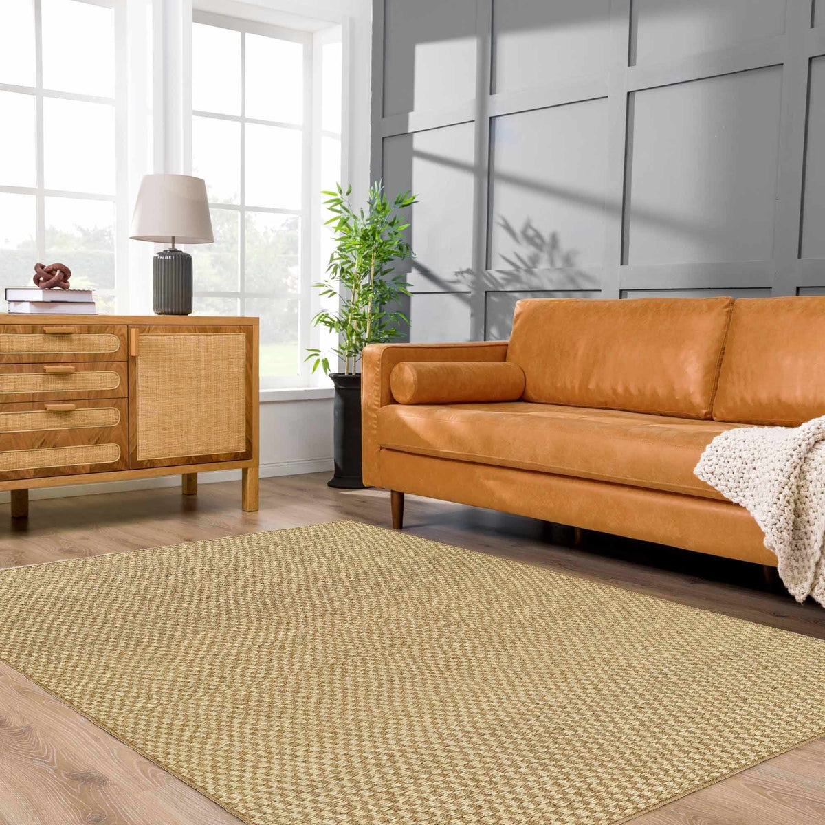 Ayers Beige Area Rug - Clearance, installed in a room