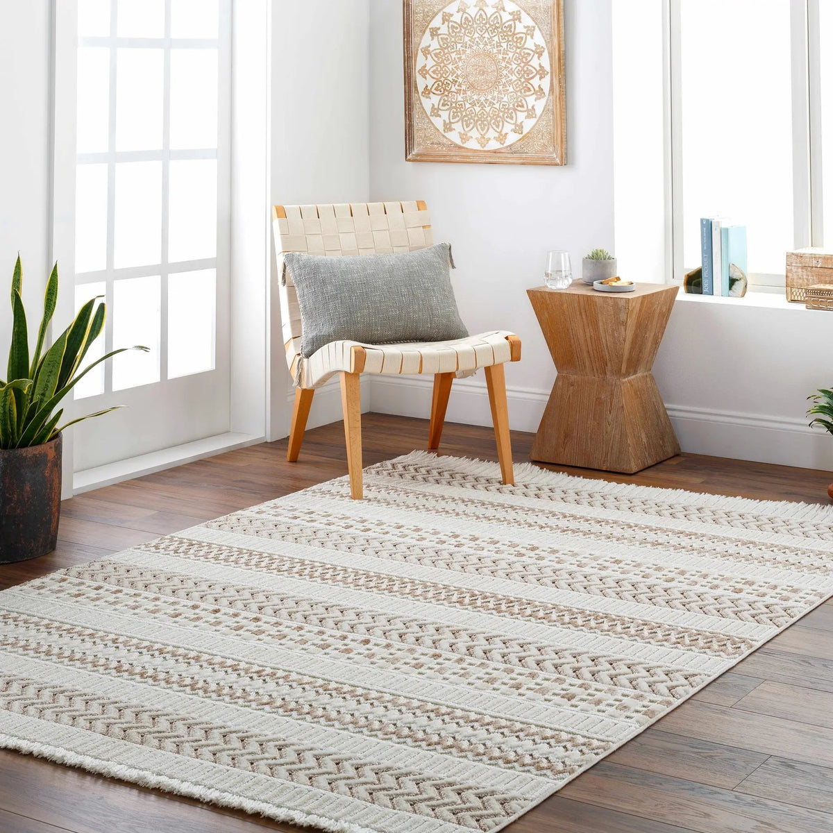 Eiko Beige Textured Saxony Rug with Fringes - Clearance, installed in a room