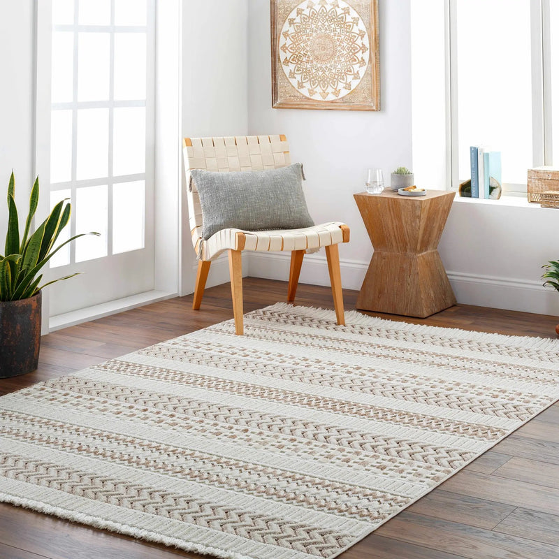 Eiko Beige Textured Saxony Rug with Fringes - Clearance by Boutique Rugs