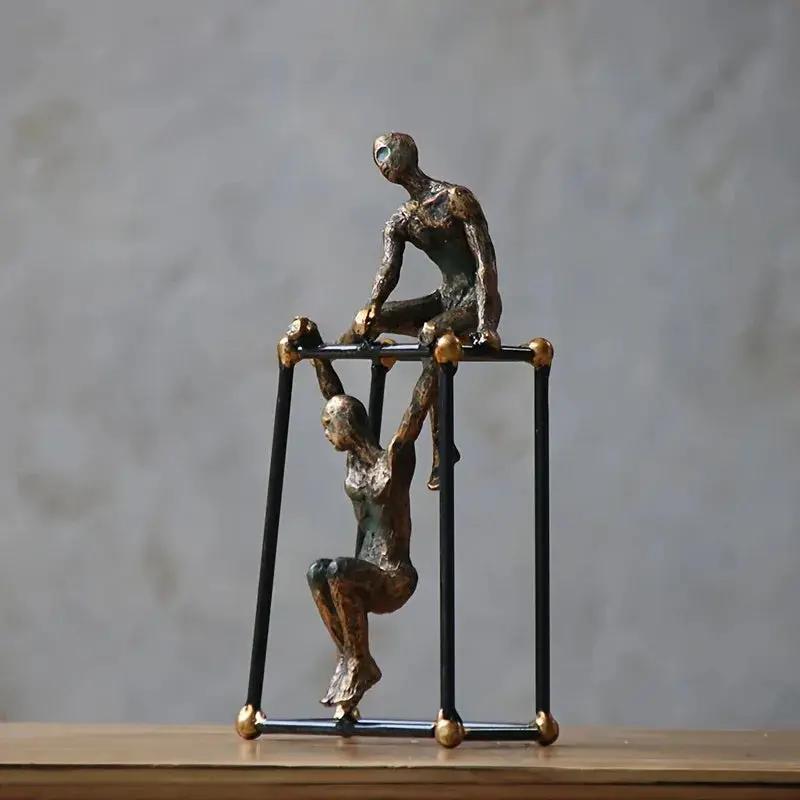 Abstract Two Figures Sculpture on Geometric Frame – Modern Bronze Iron Table Decor by House Of Avana
