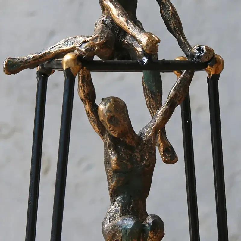 Abstract Two Figures Sculpture on Geometric Frame – Modern Bronze Iron Table Decor by House Of Avana