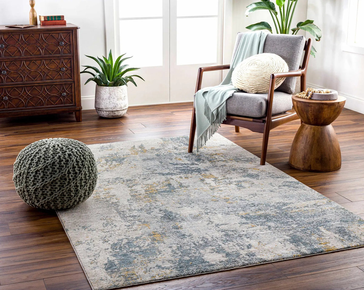 Chaya Textured Abstract Rug with Fringes, installed in a room