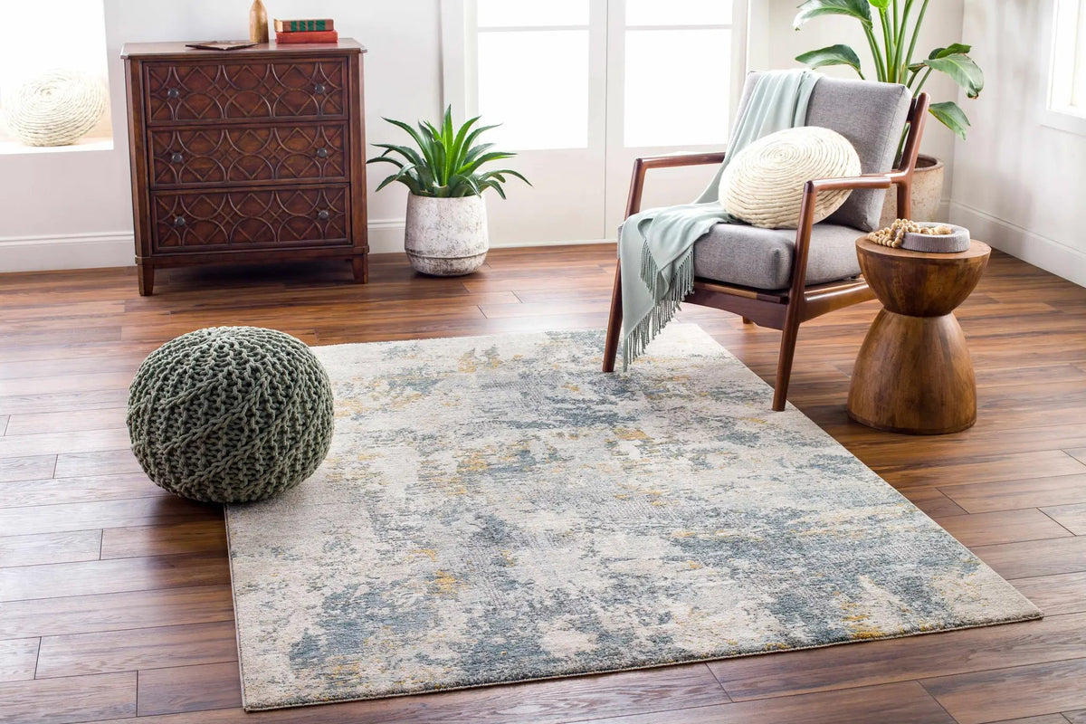 Chaya Textured Abstract Rug with Fringes, installed in a room 2