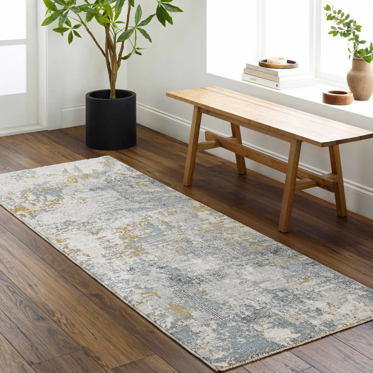 Chaya Textured Abstract Rug with Fringes, installed in a room 5