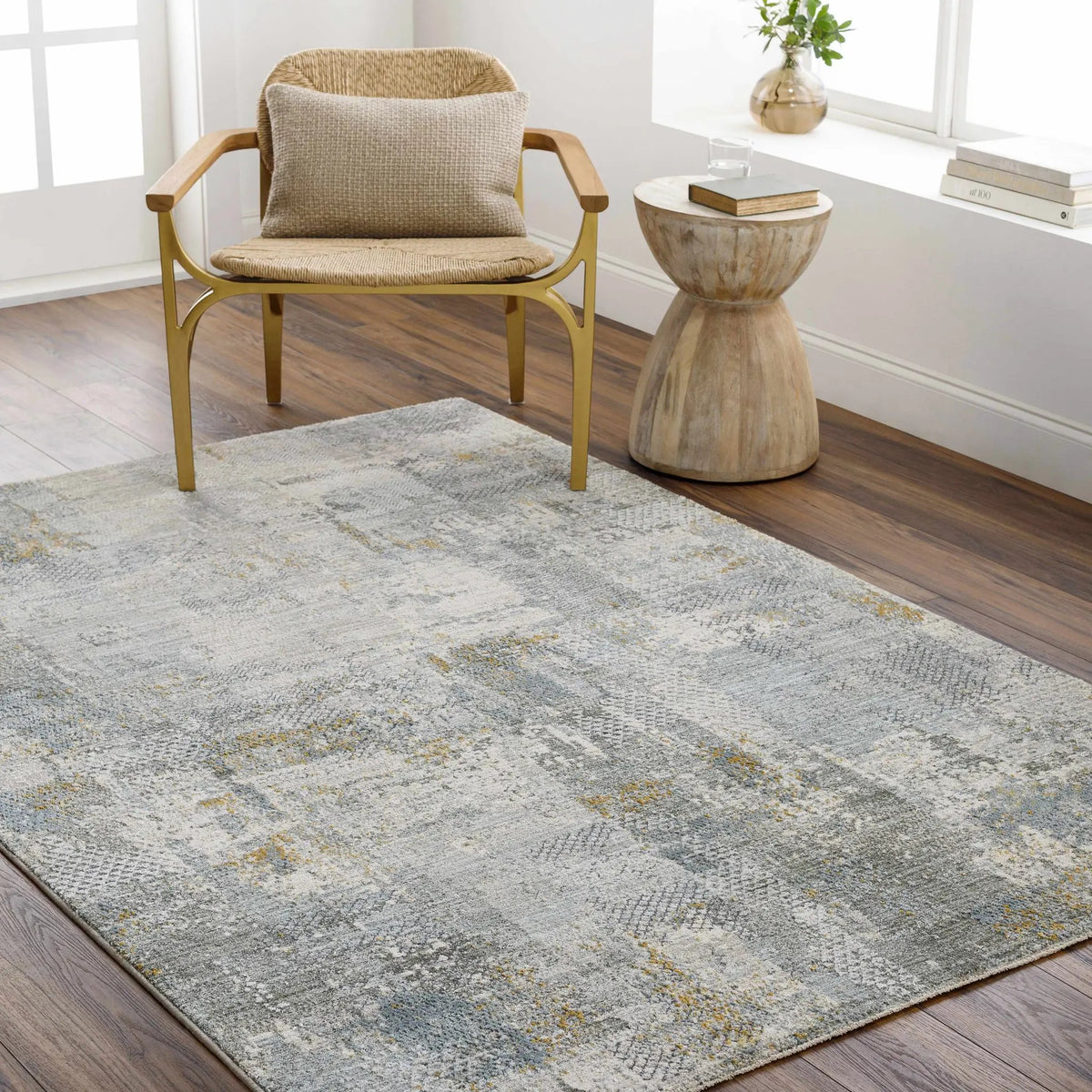 Elina Textured Abstract Rug with Fringes, installed in a room 3