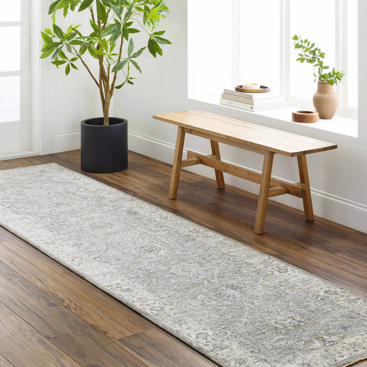 Gauge Gray Blue Textured Rug with Fringes, installed in a room 2