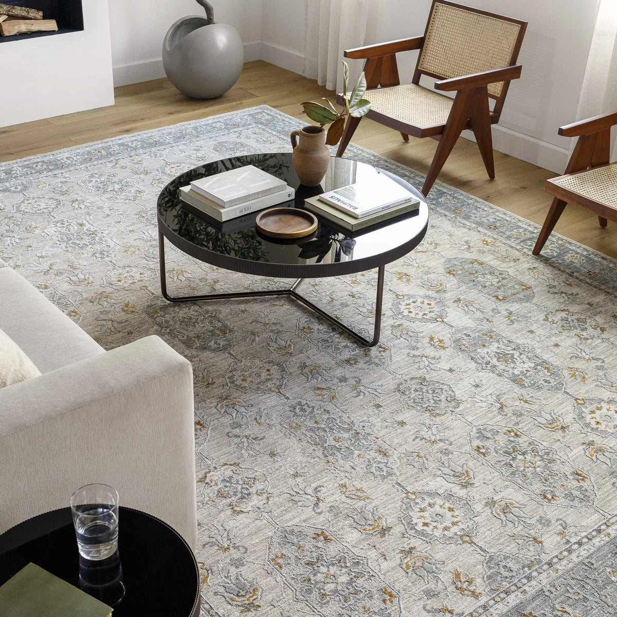 Greco Textured Rug with Fringes, installed in a room