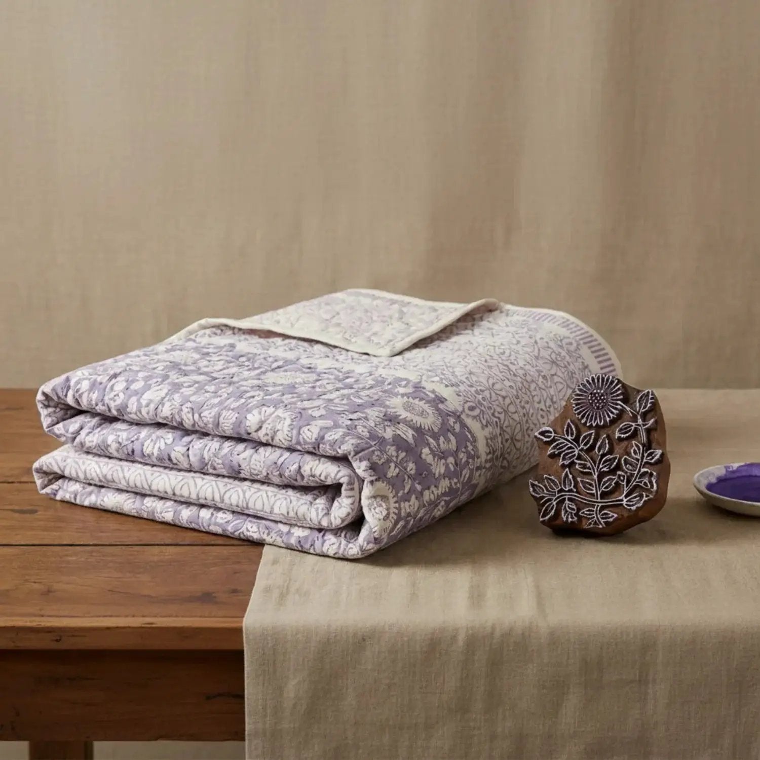 House of Avana Cream & Sage Green Floral Jaipur Indian Hand Block Print Quilted Comforter by House Of Avana
