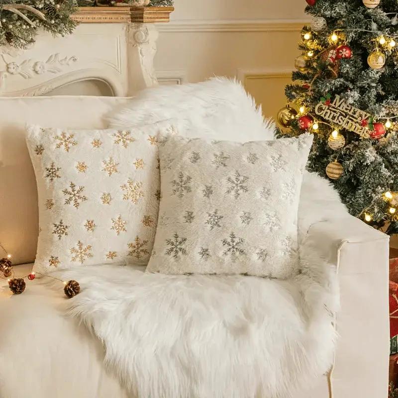 Sequin Snowflake Pillow Cover Set, 2pcs Golden Silvery Throw Pillows by House Of Avana