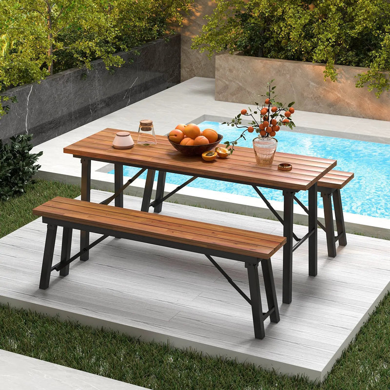 Outdoor Dining Table and Bench Set with Acacia Wood Top for Yard Garden Poolside by DirectDeals