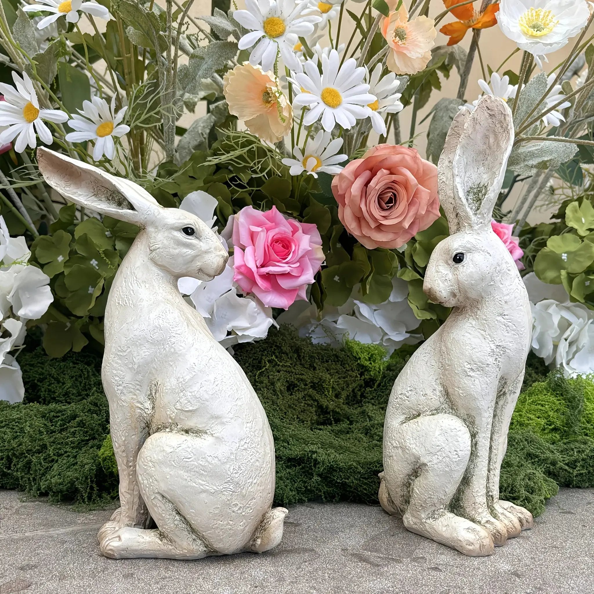Set of 2 American-Style Long-Eared Rabbits with a Yellow And White Moss Design, Perfect for Spring And Summer. These Hand-Painted Resin Crafts Stand 12 Inches Tall And Make Great Decorative Gifts for Easter, Christmas, And Mo by House Of Avana