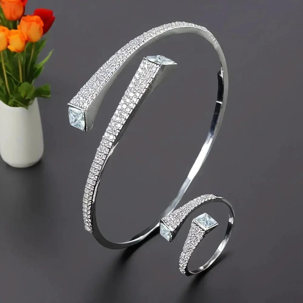 Set Of 2 Bracelets + Rings Set. Hot Selling Explosive Style With Super Shiny Irregular Geometric Synthetic Zirconia. Niche Design, Fashionable, Simple And High-end Open Jewelry. by House Of Avana