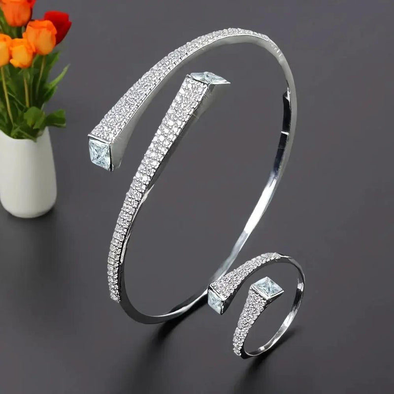 Set Of 2 Bracelets + Rings Set. Hot Selling Explosive Style With Super Shiny Irregular Geometric Synthetic Zirconia. Niche Design, Fashionable, Simple And High-end Open Jewelry. by House Of Avana