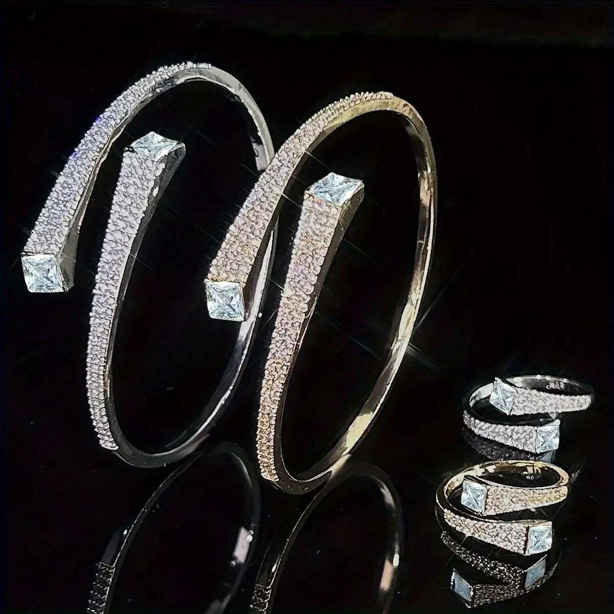 Set Of 2 Bracelets + Rings Set. Hot Selling Explosive Style With Super Shiny Irregular Geometric Synthetic Zirconia. Niche Design, Fashionable, Simple And High-end Open Jewelry. by House Of Avana