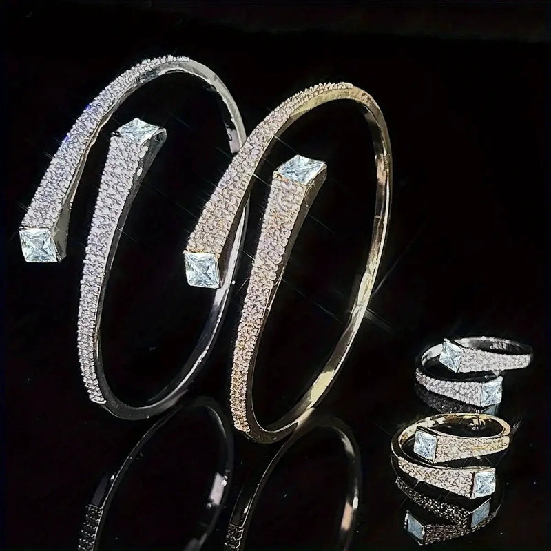 Set Of 2 Bracelets + Rings Set. Hot Selling Explosive Style With Super Shiny Irregular Geometric Synthetic Zirconia. Niche Design, Fashionable, Simple And High-end Open Jewelry. by House Of Avana