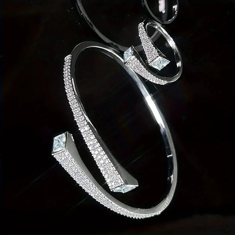 Set Of 2 Bracelets + Rings Set. Hot Selling Explosive Style With Super Shiny Irregular Geometric Synthetic Zirconia. Niche Design, Fashionable, Simple And High-end Open Jewelry. by House Of Avana