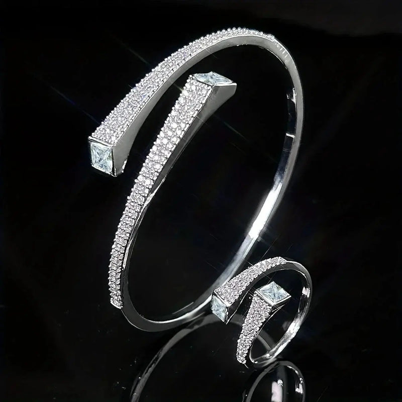 Set Of 2 Bracelets + Rings Set. Hot Selling Explosive Style With Super Shiny Irregular Geometric Synthetic Zirconia. Niche Design, Fashionable, Simple And High-end Open Jewelry. by House Of Avana