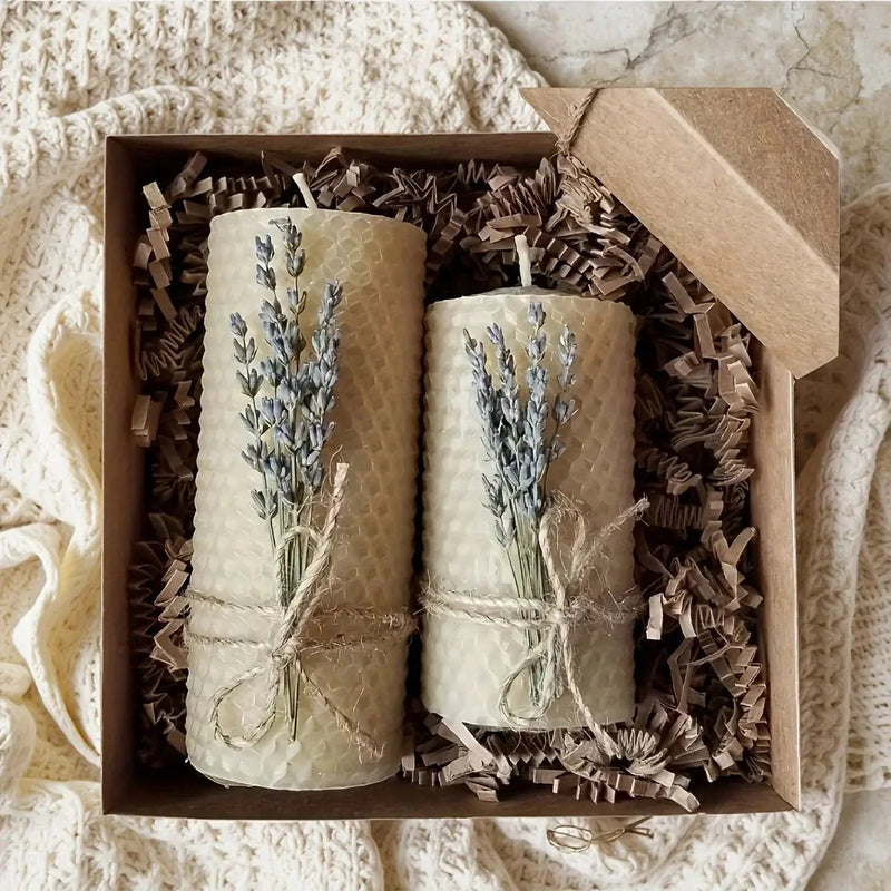 Set of 2 Lavender Beeswax Candles for Gifts by House Of Avana