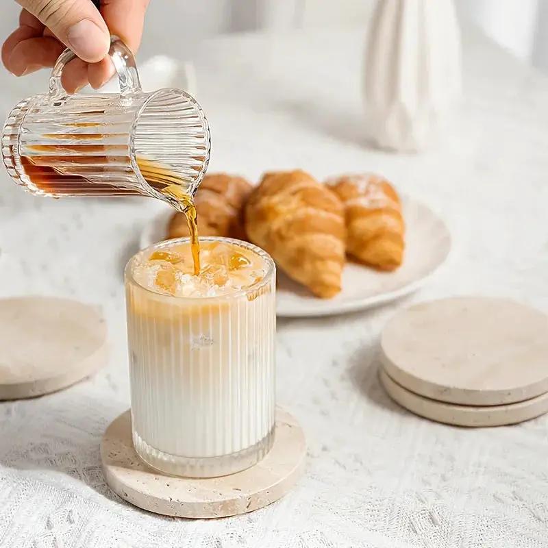 Set of 4 Natural Beige & Marble Coasters with Non-Slip Cork Backing - 10.16cm Round Stone Drink Coasters, Beige/White/Gray/Black Marble Patterns, Sturdy & Durable Table Protectors for Home Decor, Housewarming Wedding Gift, Sc by House Of Avana