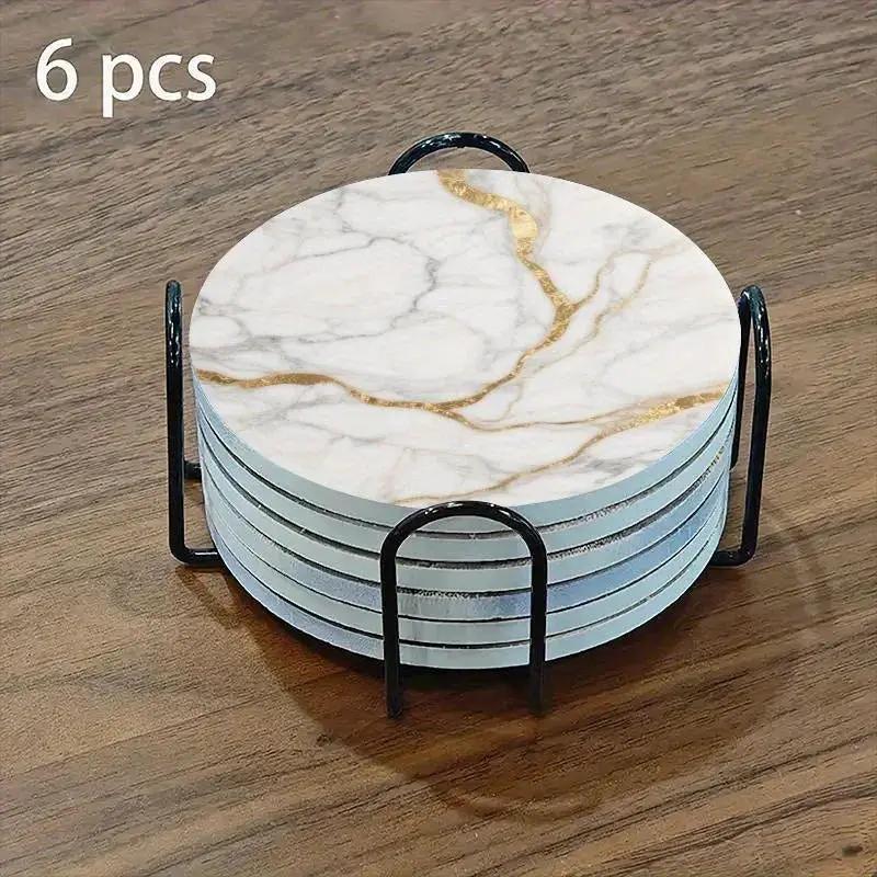 Set of 6 charming round ceramic coasters- white pattern with Golden thread, heat- resistant and non- slip beverage mats, suitable for home and restaurant tabletop decoration, perfect housewarming gift by House Of Avana