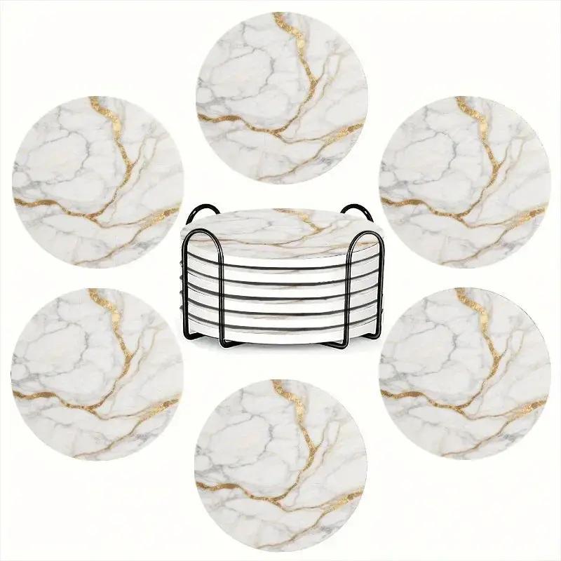 Set of 6 charming round ceramic coasters- white pattern with Golden thread, heat- resistant and non- slip beverage mats, suitable for home and restaurant tabletop decoration, perfect housewarming gift by House Of Avana