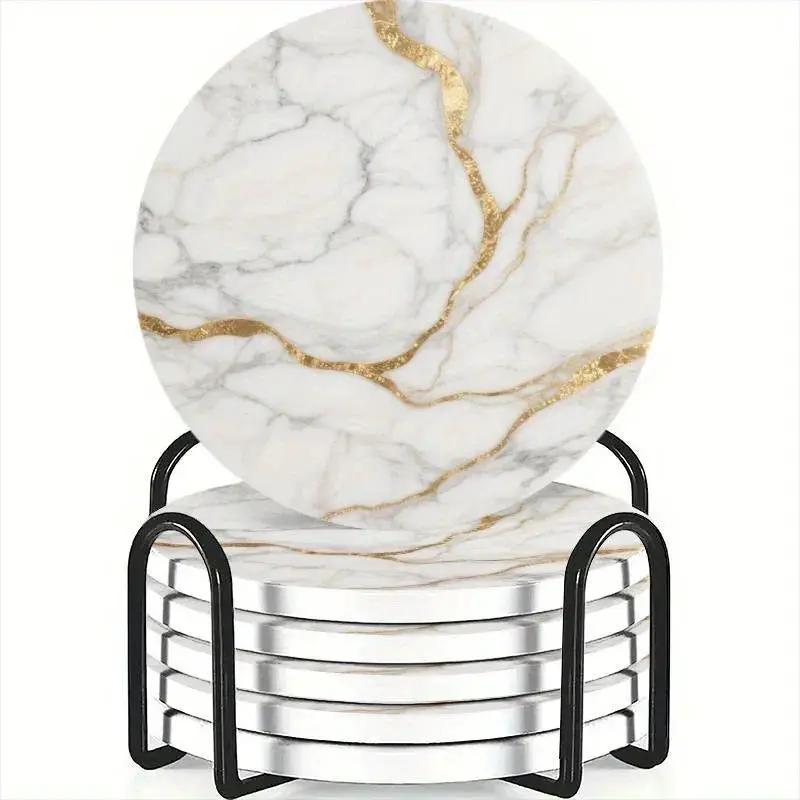 Set of 6 charming round ceramic coasters- white pattern with Golden thread, heat- resistant and non- slip beverage mats, suitable for home and restaurant tabletop decoration, perfect housewarming gift by House Of Avana
