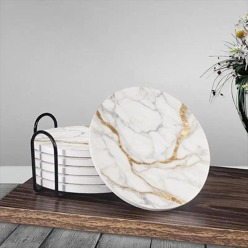 Set of 6 charming round ceramic coasters- white pattern with Golden thread, heat- resistant and non- slip beverage mats, suitable for home and restaurant tabletop decoration, perfect housewarming gift by House Of Avana