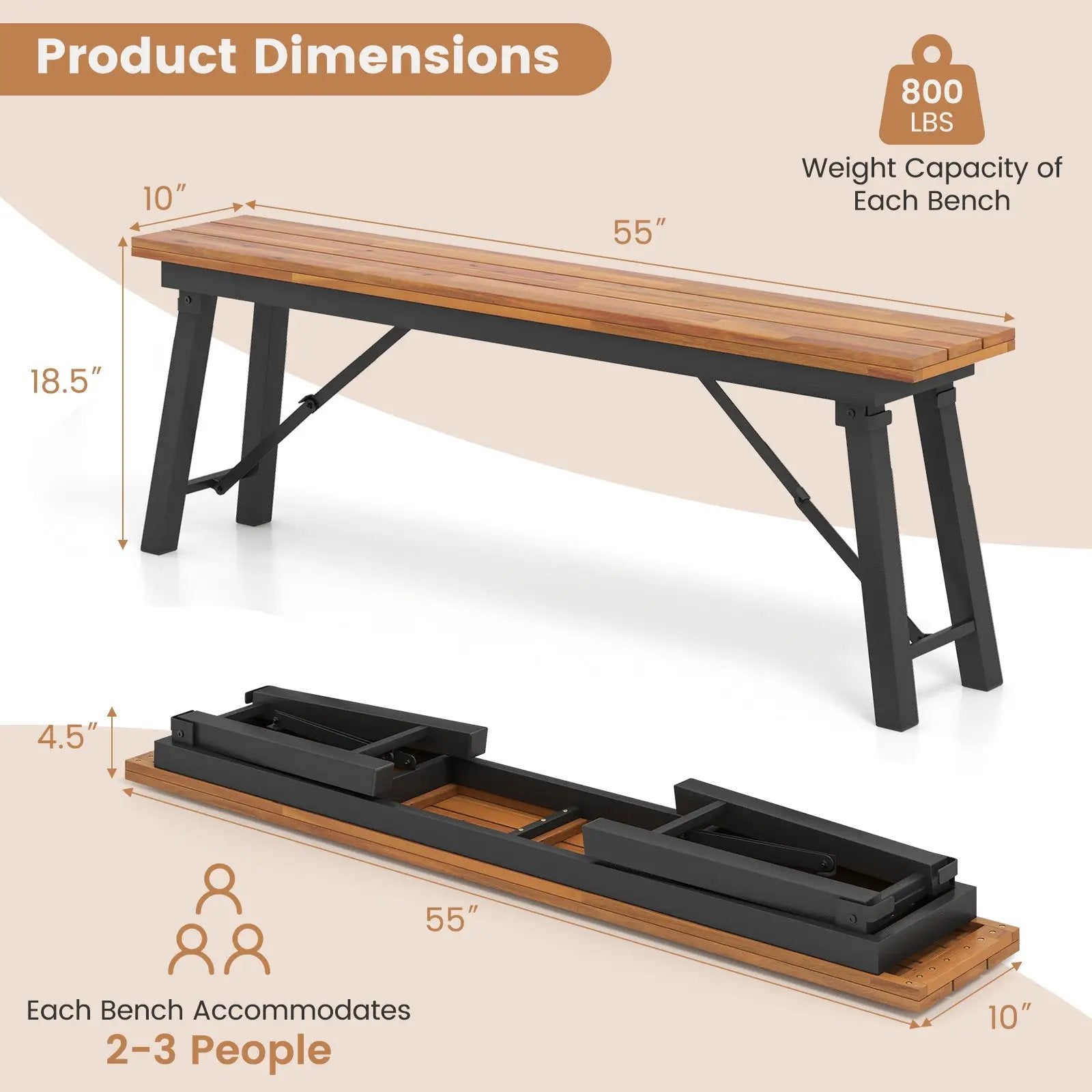 Outdoor Dining Table and Bench Set with Acacia Wood Top for Yard Garden Poolside by DirectDeals