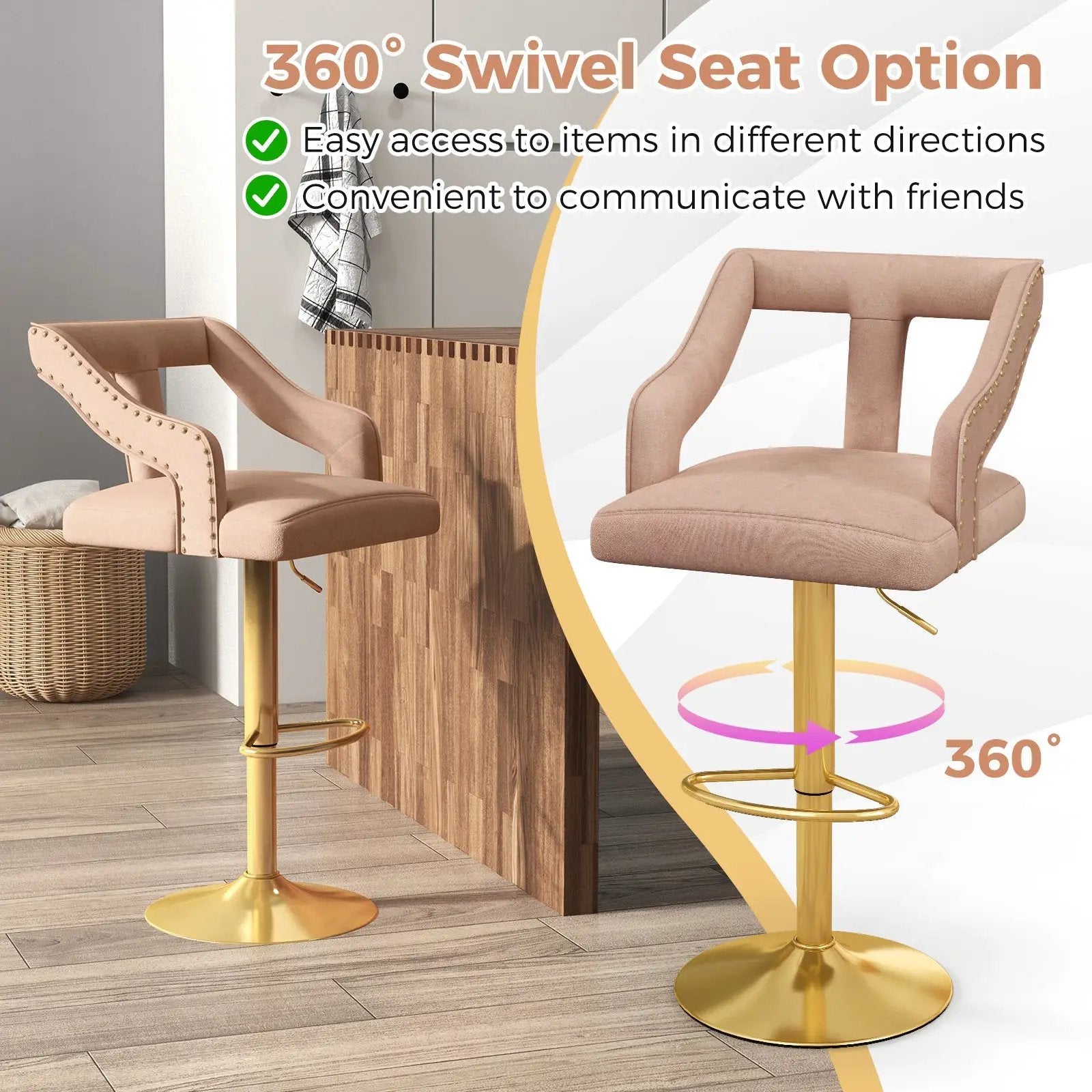 Set of 2 Bar Chairs with Footrest and 2-Layer Electroplated Metal Base by DirectDeals
