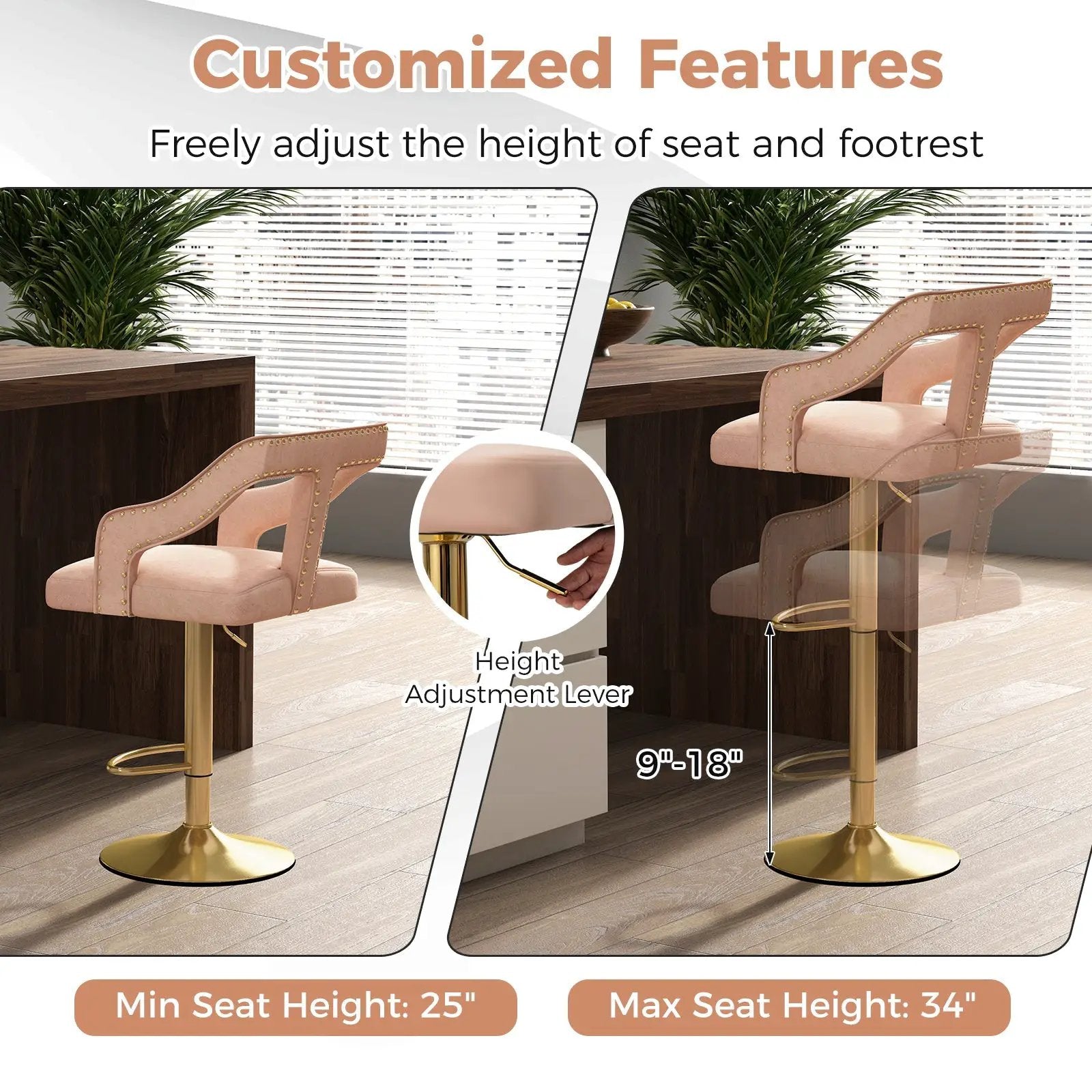 Set of 2 Bar Chairs with Footrest and 2-Layer Electroplated Metal Base by DirectDeals
